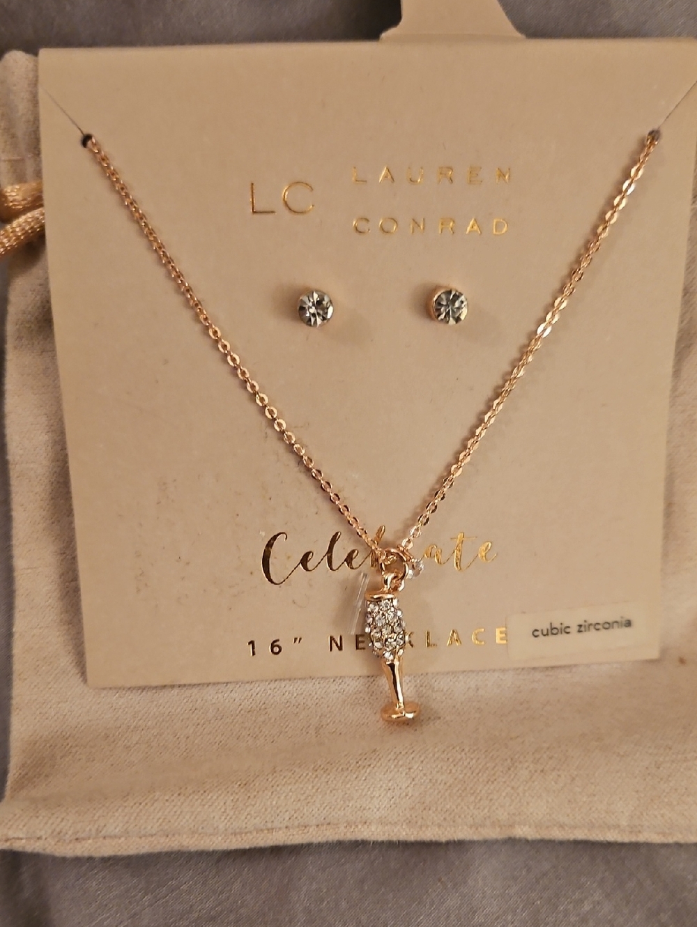 BNWT LC Lauren Conrad Rose Gold Cubic Zirconia Necklace and Earrings Set NYE